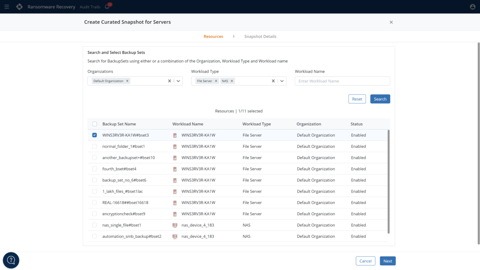 Selecting resources for curated recovery – Endpoints