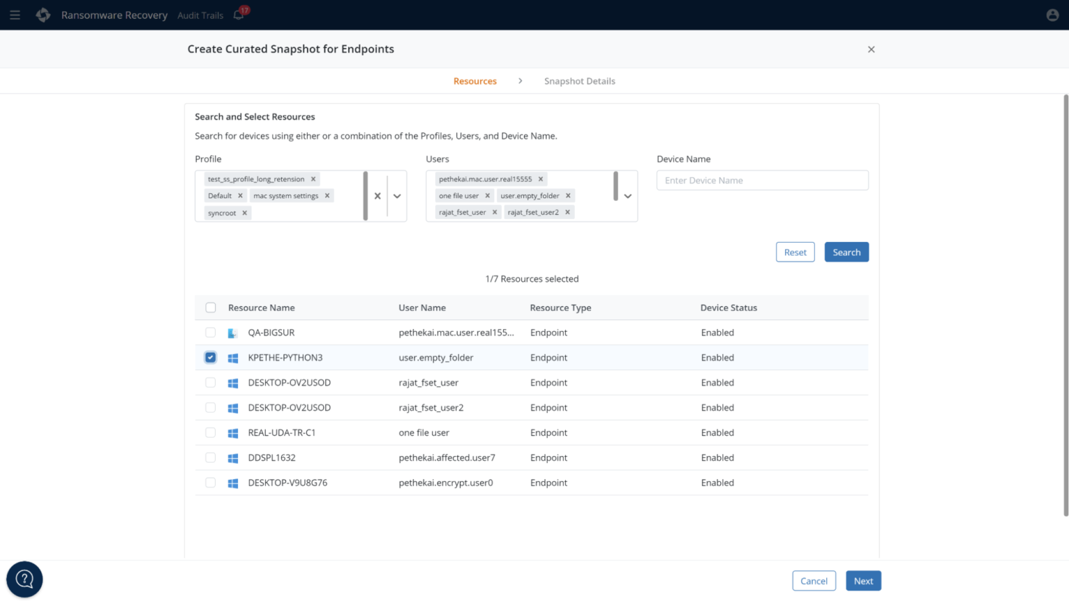 Selecting resources for curated recovery – Endpoints