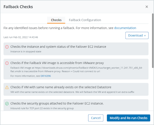 failback checks on Druva console for dr